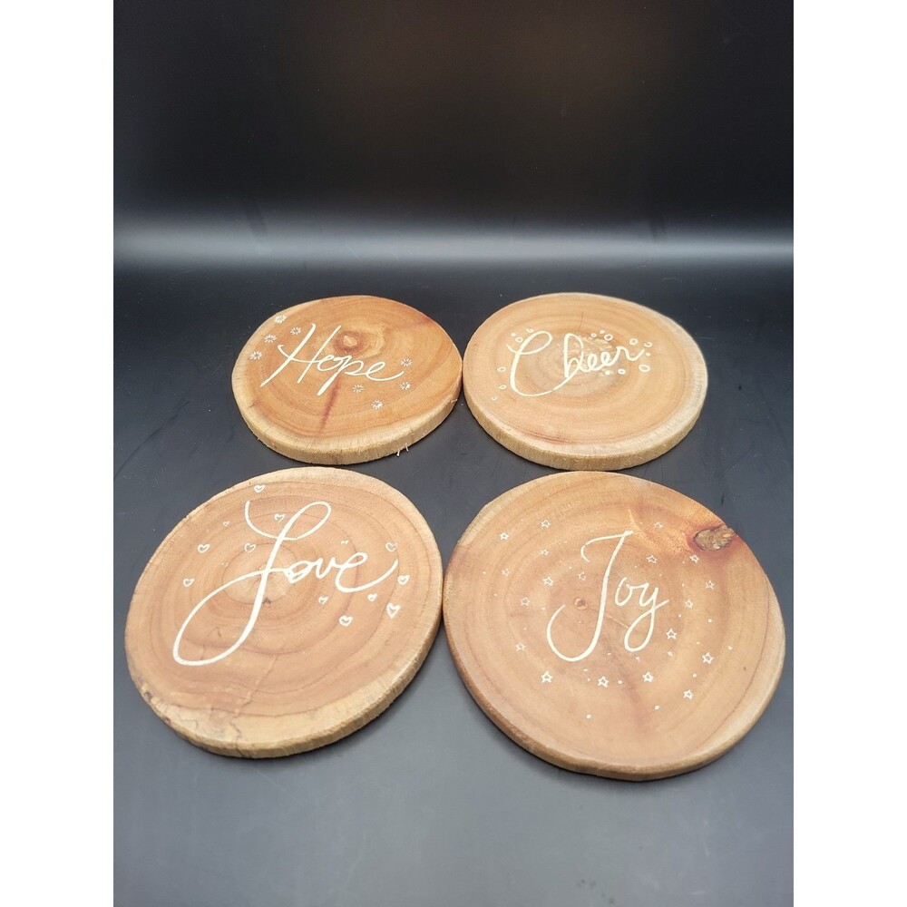 222 Fifth Rustic Wood Slice Coasters Set of 4 Love Hope Cheer Joy Holiday Gift